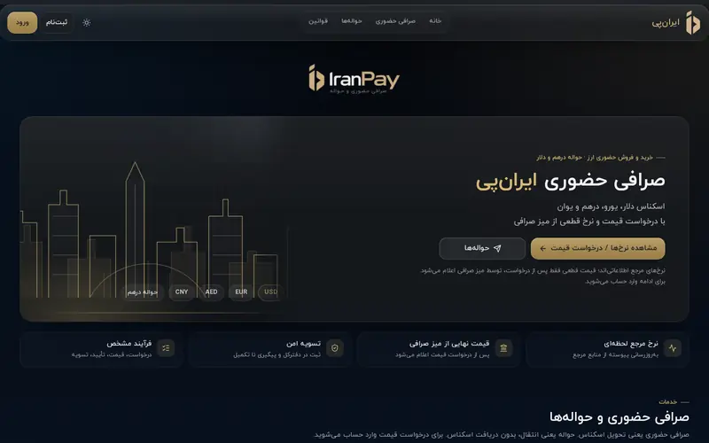 صفحه‌ی نخست سامانه‌ی ایران‌پی با معرفی خدمات صرافی حضوری و حواله